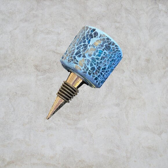 WINE STOPPER -- Unique Tea Light Holder, Blue Mosaic Glass, Fits Standard Bottle - Picture 5 of 8